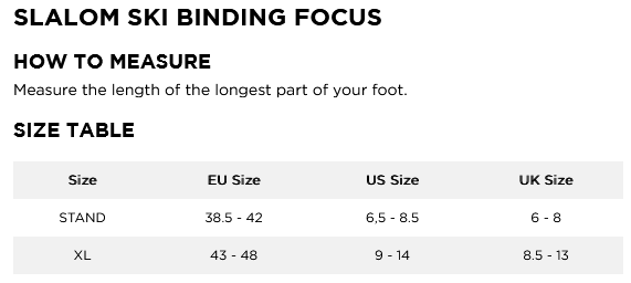 JOBE Slalom Ski Binding Focus 0 Size Chart